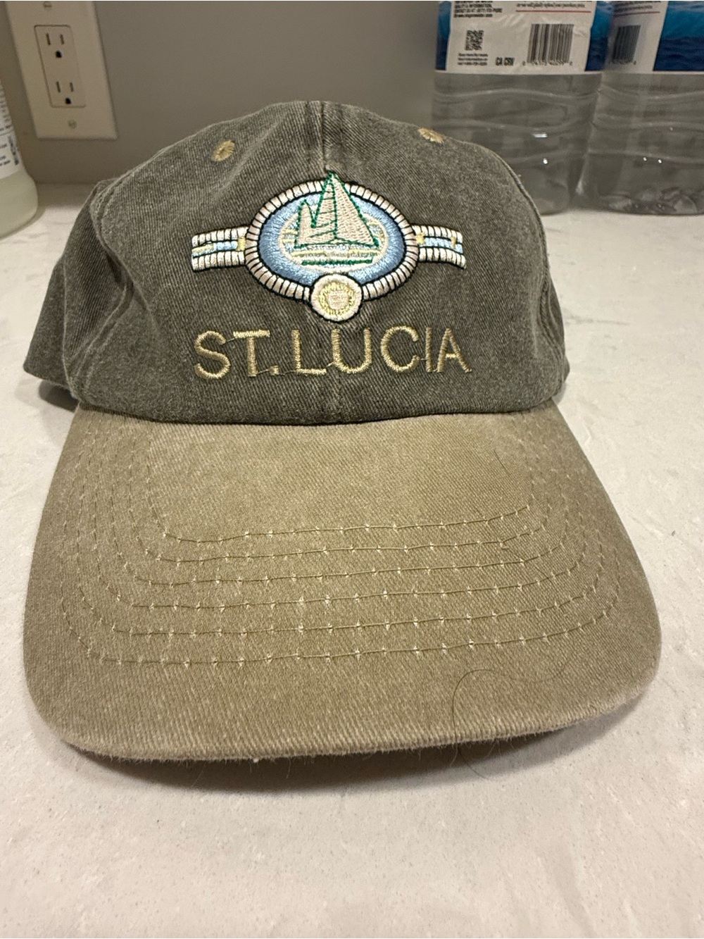 St. Lucia Embroidered Sailboat Baseball Cap - Olive/Tan